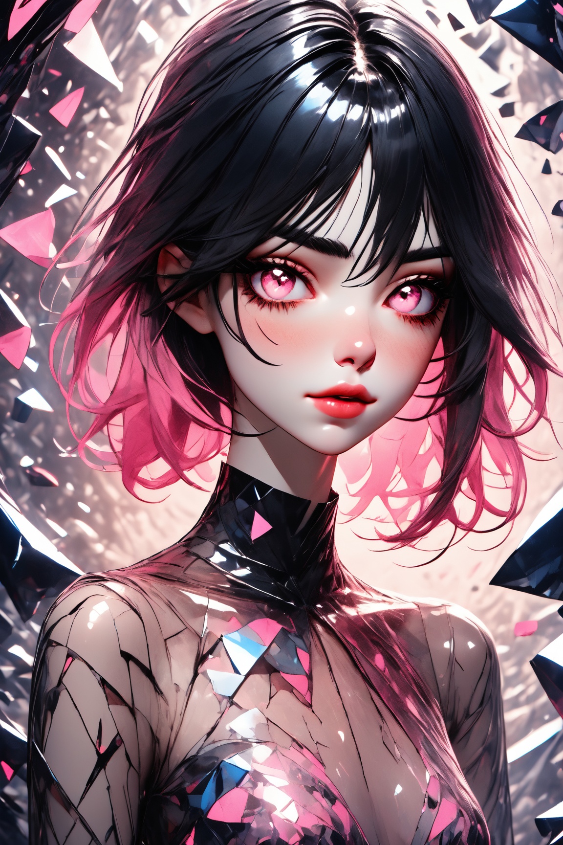 Utra,  1girl in a silk dress made of glass shards,  thin delicate lips smirking with a closed mouth on Tensor.Art