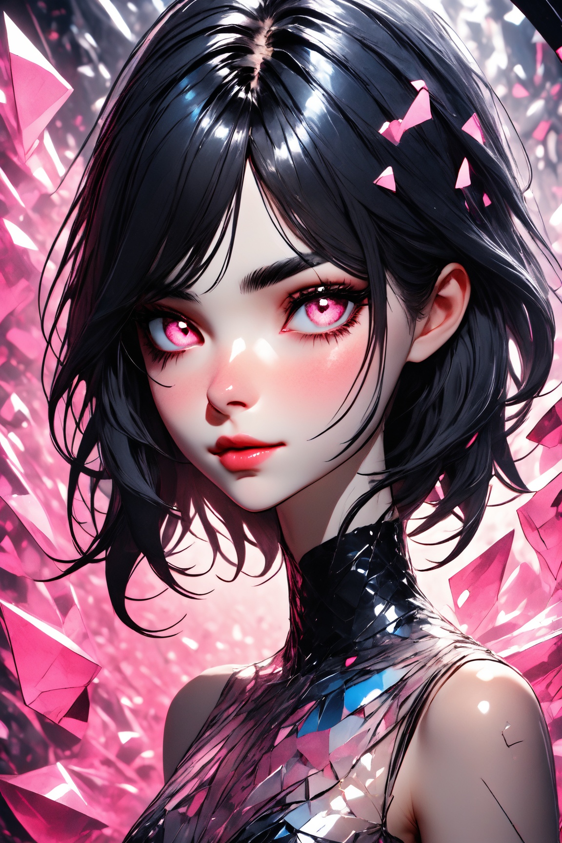 Utra,  1girl in a silk dress made of glass shards,  thin delicate lips smirking with a closed mouth on Tensor.Art