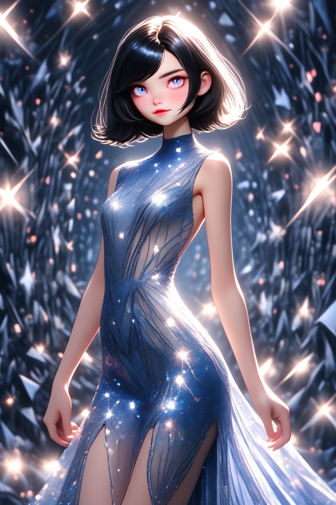 Utra,  1girl wearing a glamorous intricate shiny blue dress showing her legs,  full_body on Tensor.Art