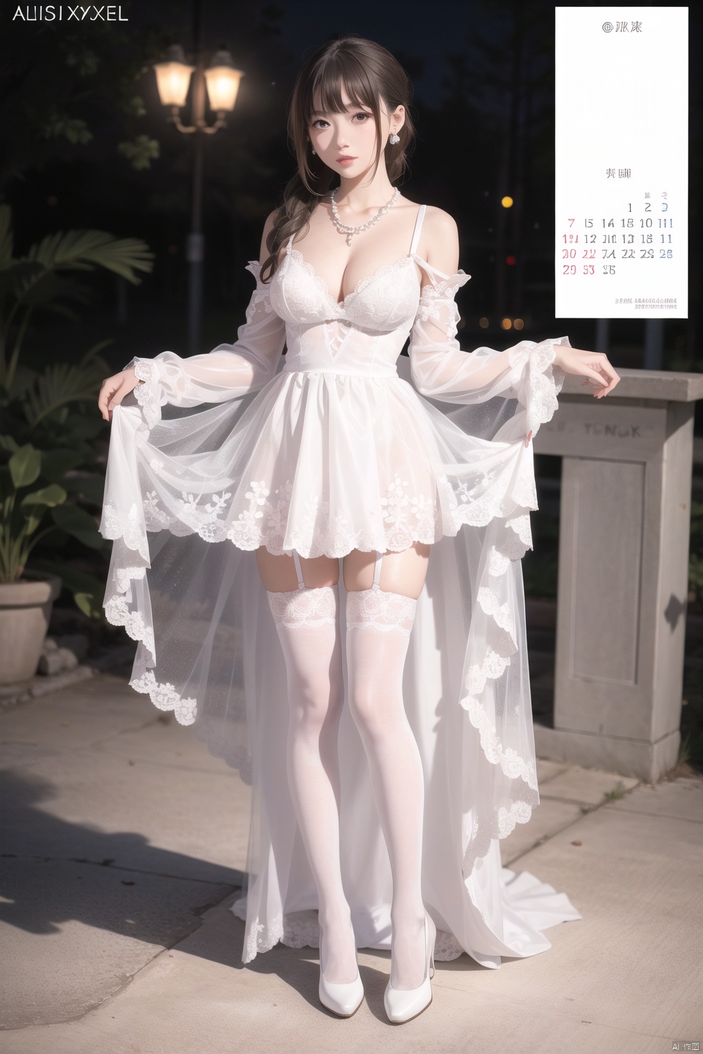  xlz0029,1girl named xlz, 1girl, solo, thighhighs, brown hair, dress, jewelry, realistic, high heels, necklace, earrings, breasts, ring, long hair, see-through, standing, bare shoulders, shoes, brown eyes, white dress, medium breasts, calendar \(medium\), cleavage, white thighhighs, pearl necklace, full body, blurry, wedding dress, looking at viewer, lips, white footwear, flower, large breasts, parted lips, lace, underwear, lipstick, ponytail, bride, leaf, watermark, makeup, lingerie, detached sleeves, wedding ring