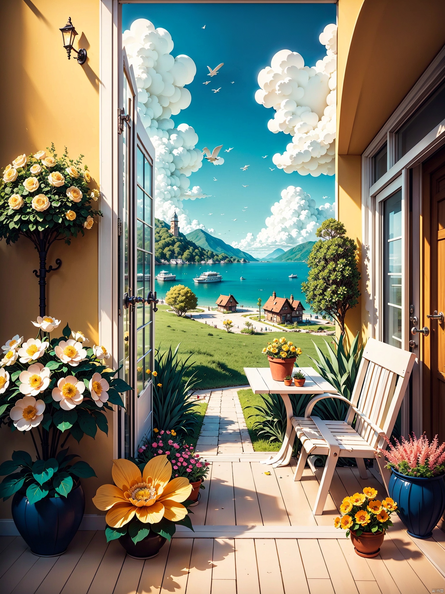 Swiss town, sea, seaside, scenery, house, outdoor, sky, windows, plants, coconut trees, sunshades, leisure chairs, tables and chairs, grass, clouds, potted plants, trees, doors, flower pots, blue sky, buildings, chimneys, yellow flowers, roses, Miyazaki style, Paper Cuttings style,