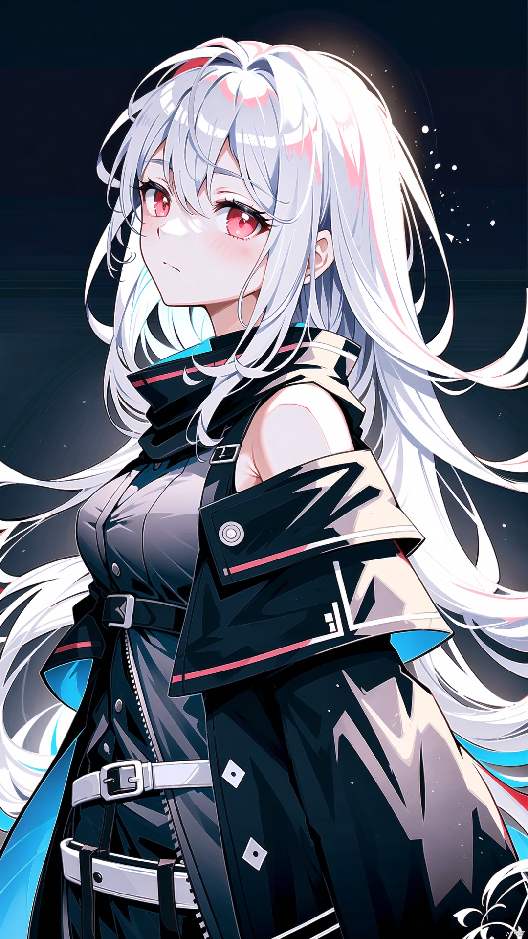  1girl, solo, long hair, side to viewer, bangs, simple background, red eyes, white background, looking away, profile, looking above, side view, hair between eyes, closed mouth, upper body, white hair, side tail, shoulder scarf, collar, (((covered shoulders))), expressionless, portrait, ((black jacket)), black shirt, Skadi \(arknights\), skadi, german text, ((2029)), universe
