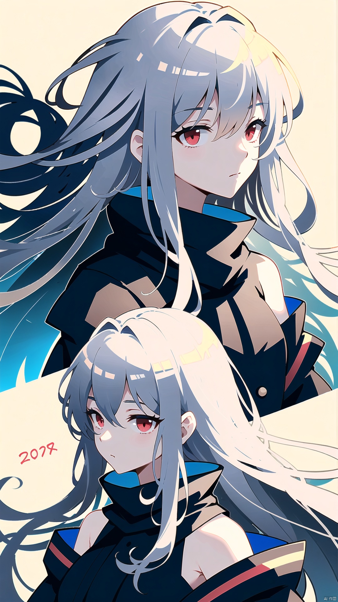  1girl, solo, long hair, side to viewer, bangs, simple background, red eyes, white background, looking away, profile, looking above, side view, hair between eyes, closed mouth, ((black jacket)), black shirt, upper body, white hair, scarf, collar, (((covered shoulders))), expressionless, portrait, Skadi \(arknights\), skadi, german text, ((2029)), universe