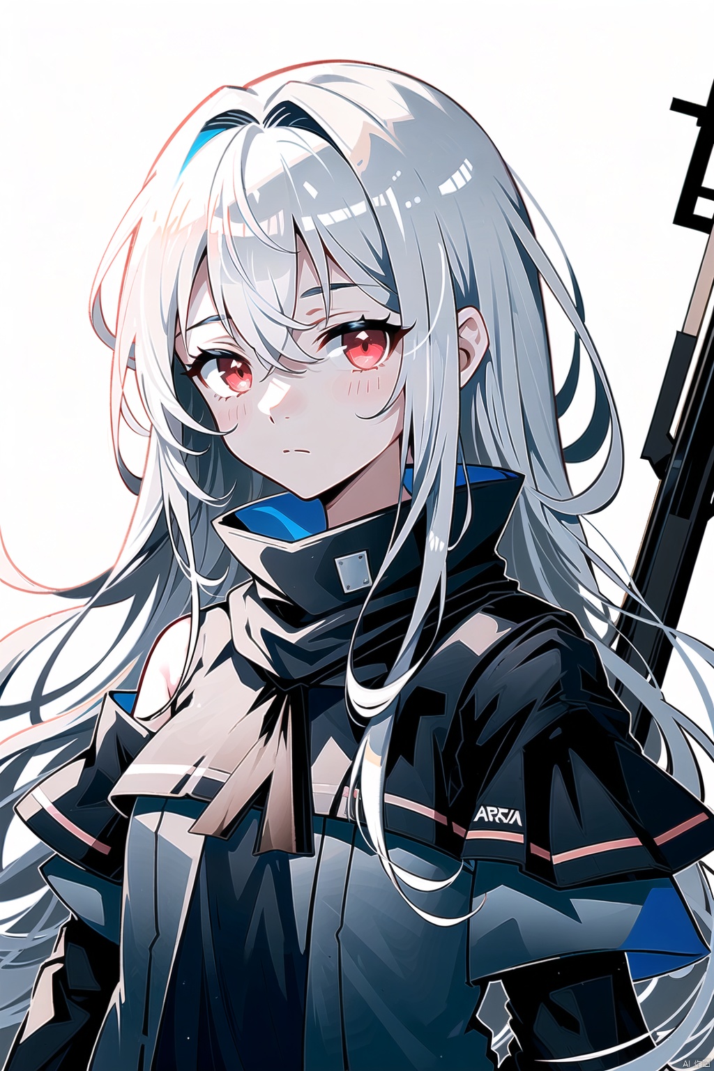  1girl, solo, long hair, looking at the viewer, bangs, simple background, red eyes, white background, hair between eyes, closed mouth, upper body, white hair, side tail, shoulder scarf, ((covered shoulders)), expressionless, portrait, green jacket, black shirt, Skadi \(arknights\), skadi