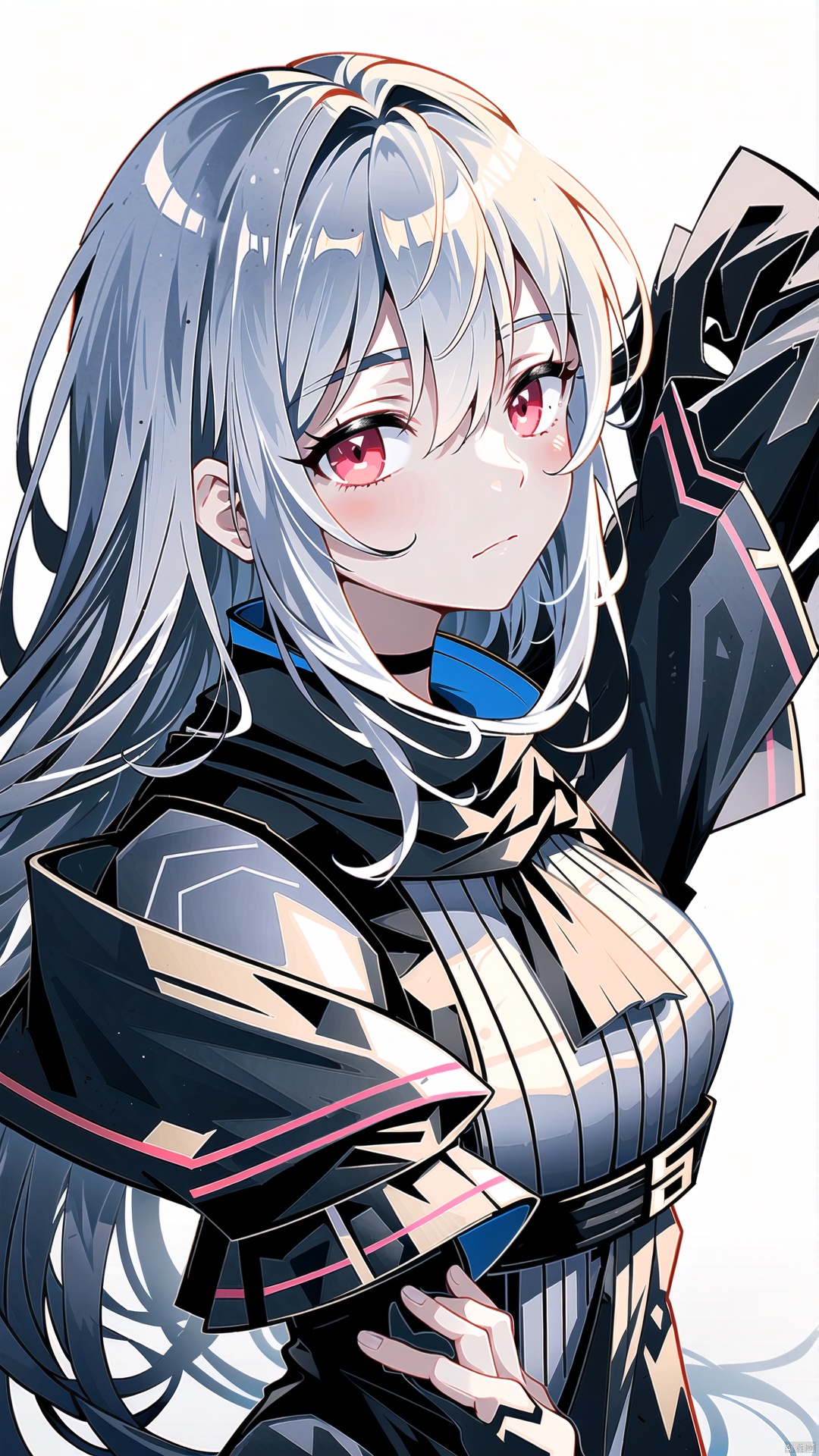  1girl, solo, long hair, looking at the viewer, bangs, simple background, red eyes, white background, hair between eyes, closed mouth, upper body, white hair, side tail, shoulder scarf, collar, ((covered shoulders)), expressionless, portrait, black jacket, black shirt, Skadi \(arknights\), skadi