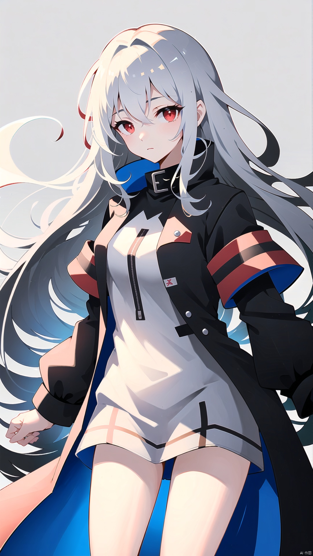  1girl, solo, long hair, side to viewer, bangs, simple background, red eyes, white background, hair between eyes, closed mouth, alternate_costume, black jacket, covered arms, collar, open jacket, white shirt, expressionless, Skadi \(arknights\), skadi, 
