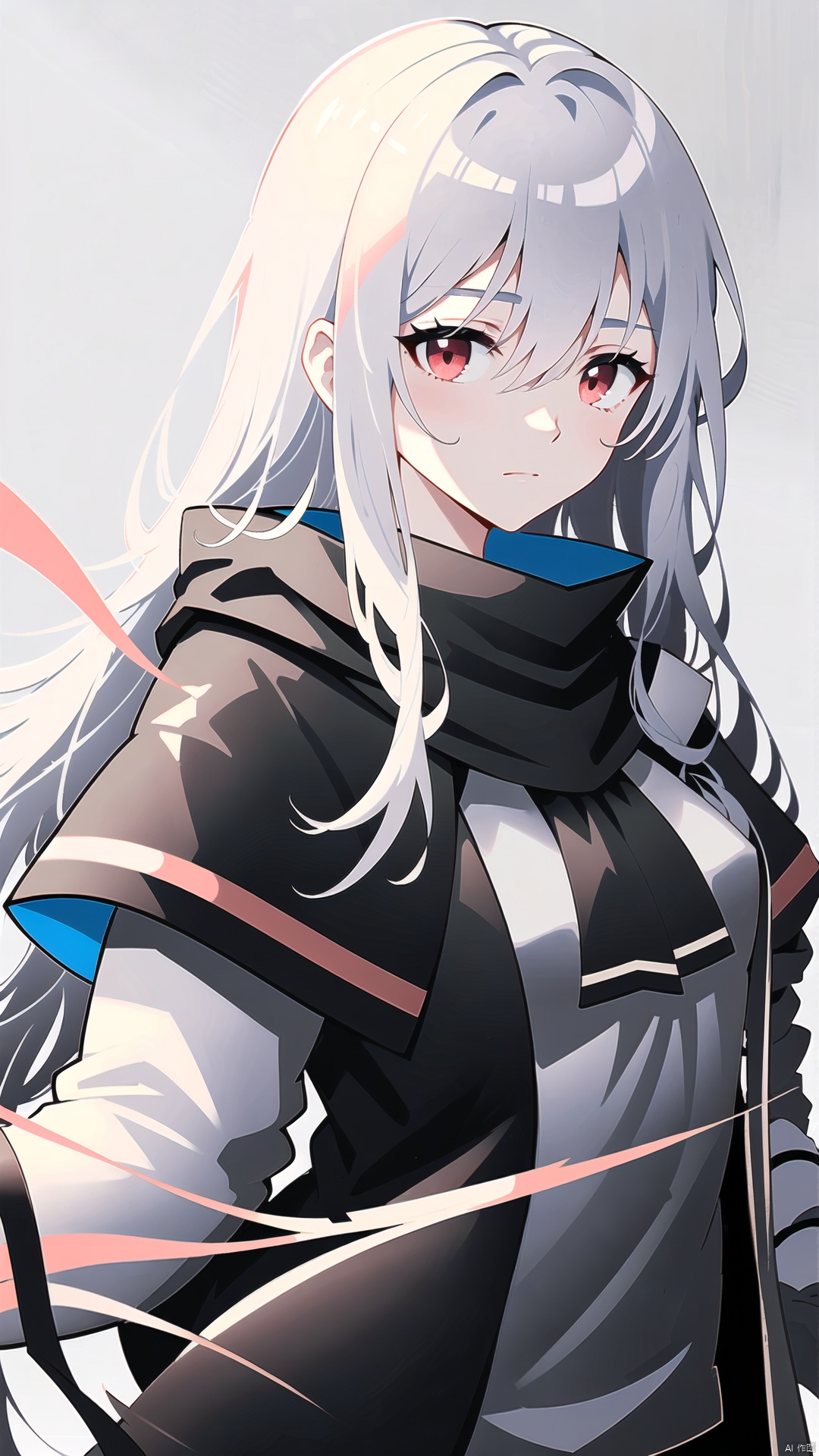  1girl, solo, long hair, side to viewer, bangs, simple background, red eyes, white background, looking away, profile, looking above, side view, hair between eyes, closed mouth, ((black jacket)), black shirt, upper body, white hair, scarf, collar, (((covered shoulders))), expressionless, portrait, Skadi \(arknights\), skadi, german text, ((2029)), universe