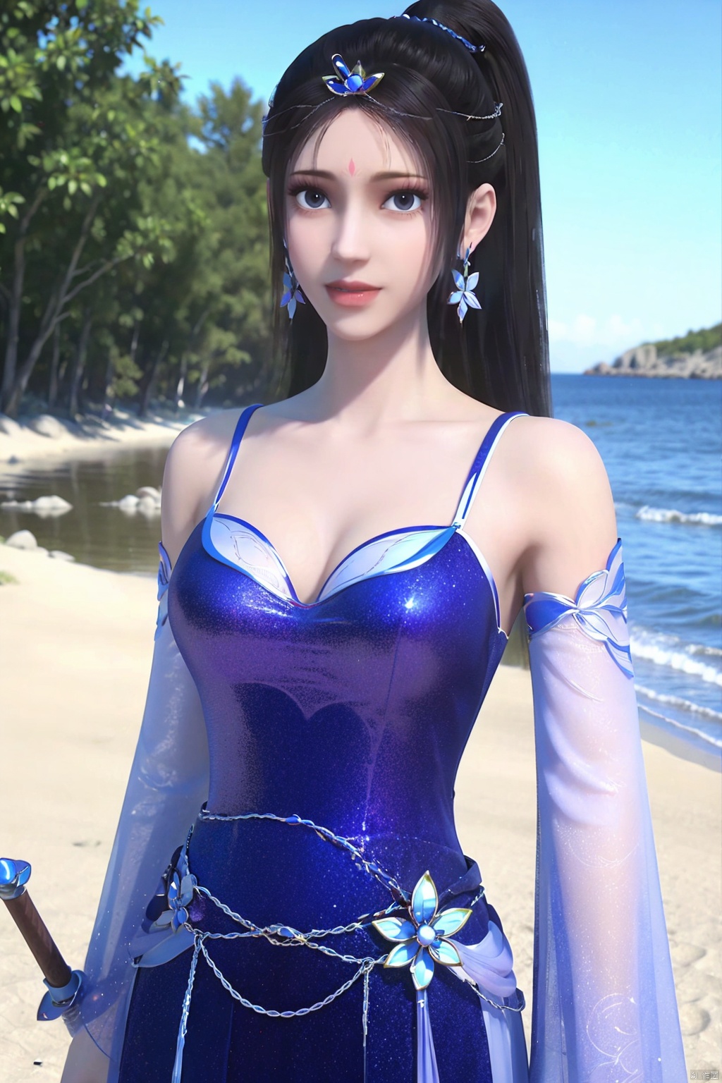  (8k, RAW photo, best quality, masterpiece:1.2),(realistic, photo-realistic:1.1),ultra-detailed,extremely detailed cg 8k wallpaper,(crystalstexture skin:1.4),(extremely delicate and beautiful),long hair, big breasts,,1girl,,solo,(smile),(,glass slipper ),earrings,jewelry,closed mouth,,smile,collarbone,red lips,(white skin),outdoors,,,beach, ,((looking at viewer)), flower_field, lips, hair ornament, ponytail, dress, blue eyes,eyelashes,1girl, solo, jewelry, earrings, weapon, black hair, long hair, , sword, hair ornament, ponytail, dress, blue eyes, blue dress, full body ,