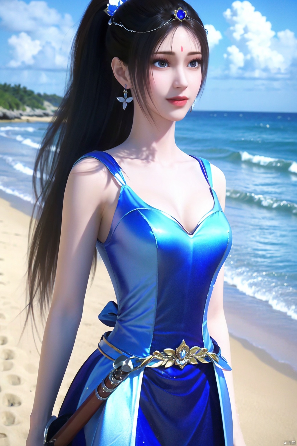  (8k, RAW photo, best quality, masterpiece:1.2),(realistic, photo-realistic:1.1),ultra-detailed,extremely detailed cg 8k wallpaper,(crystalstexture skin:1.4),(extremely delicate and beautiful),long hair, big breasts,,1girl,,solo,(smile),(,glass slipper ),earrings,jewelry,closed mouth,,smile,collarbone,red lips,(white skin),outdoors,,,beach, ,((looking at viewer)), flower_field, lips, hair ornament, ponytail, dress, blue eyes,eyelashes,1girl, solo, jewelry, earrings, weapon, black hair, long hair, , sword, hair ornament, ponytail, dress, blue eyes, blue dress, full body ,