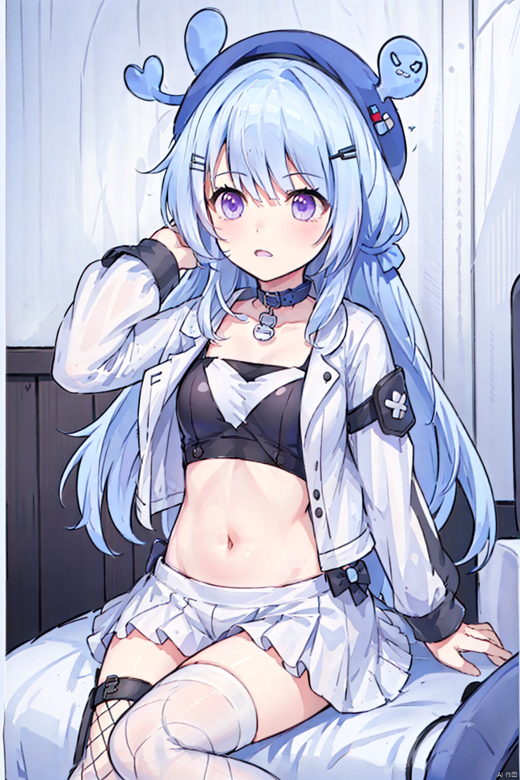  long hair,purple eyes,blue hair,hairclip,hair flaps,headwear,whale,extremely detailed CG unity 8k wallpaper, best quality, , masterpiece, best quality, crop top, jacket, fishnet thighhighs, collar, whale