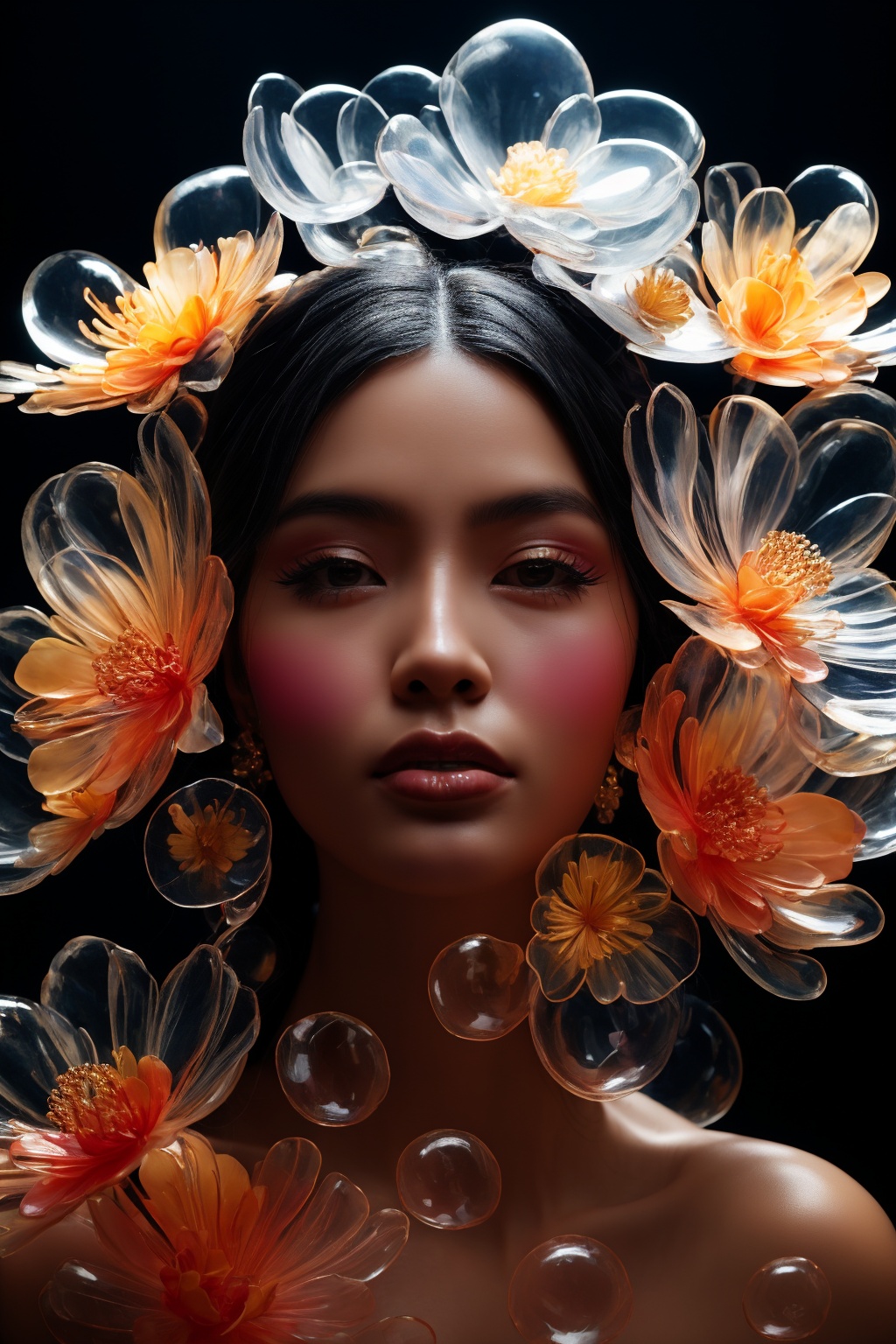 a close up of a side profile photograpy of an attractive korean beautiful model,  wearing a head ornament like a mask orna...