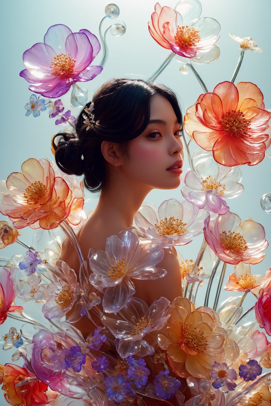 a side portrait of an attractive korean woman laying on a bed of flowers made of glass,  wearing a elegant floral dress ma...