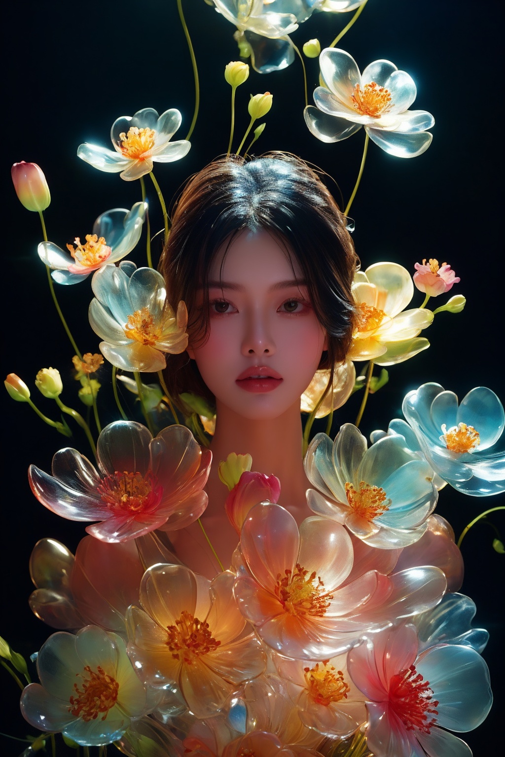 a side portrait of an attractive woman surrounded by flowers made of glass,  wearing a elegant floral dress made of transp...