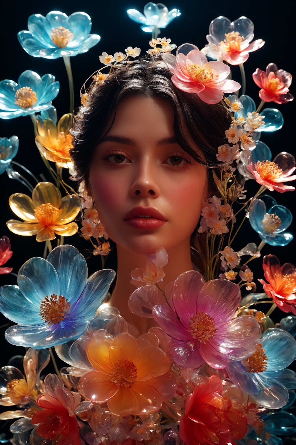 a side portrait of an attractive woman surrounded by flowers made of glass,  wearing a elegnat dress made of transparent g...