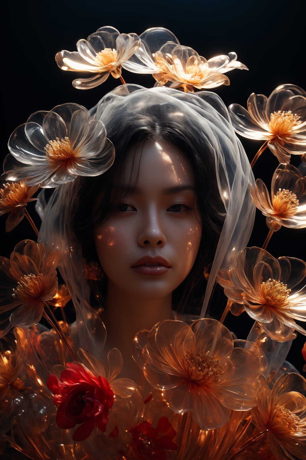 a close up of a side profile photograpy of an attractive korean beautiful model,  wearing a head ornament like a mask orna...