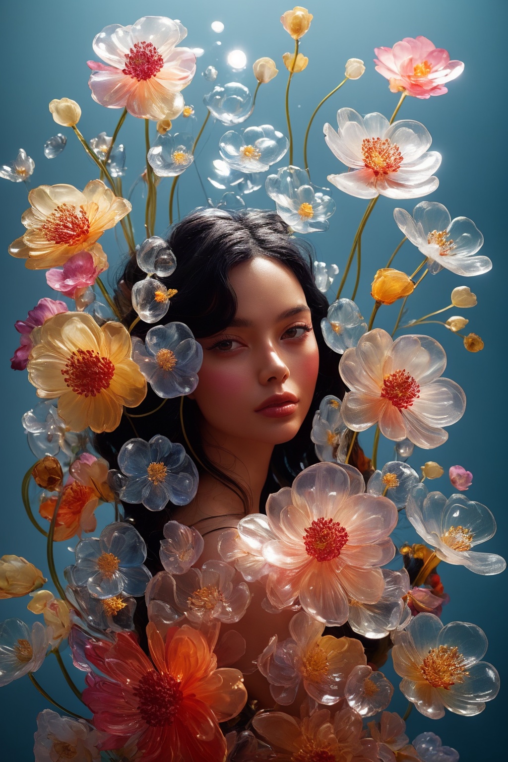 a side portrait of an attractive woman surrounded by flowers made of glass,  wearing a elegnat dress made of transparent g...