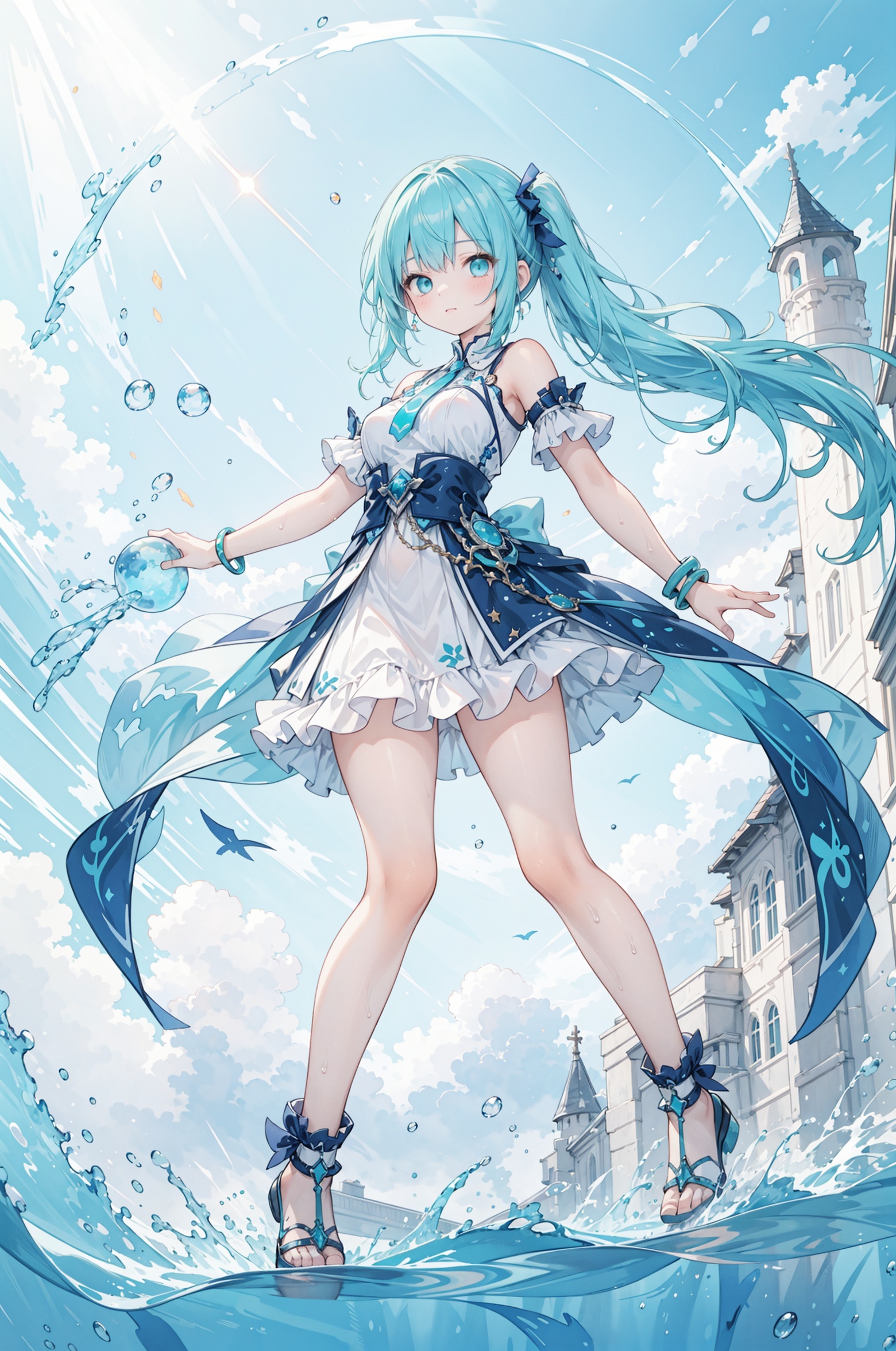best quality，(masterpiece:1.3),full body,ultra-detailed,solo,1girl, battle_aura, helical_visible_aura full of background,cool and powerful pose,Capital of Water, bracelet made of water around hands,Magic Circle，aqua_aura,floating hair,floating water droplets surronding,dynamic pose, dynamic angle