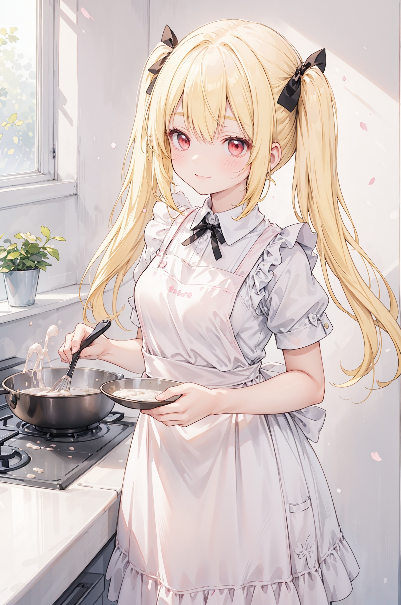 1girl,best quality,masterpiece,cute:1.2,(yellow hair),red eyes,twintails,white frilled collared dress,black ribbon,bangs, the angle next door,gentlely,beautiful,neighbor girl,a heartwarming smile,dynamic angle,cooking breakfirst sweets,milk,dough,whisk,((apron)),worktop,turn back,(pink maid costume,pink tone color)