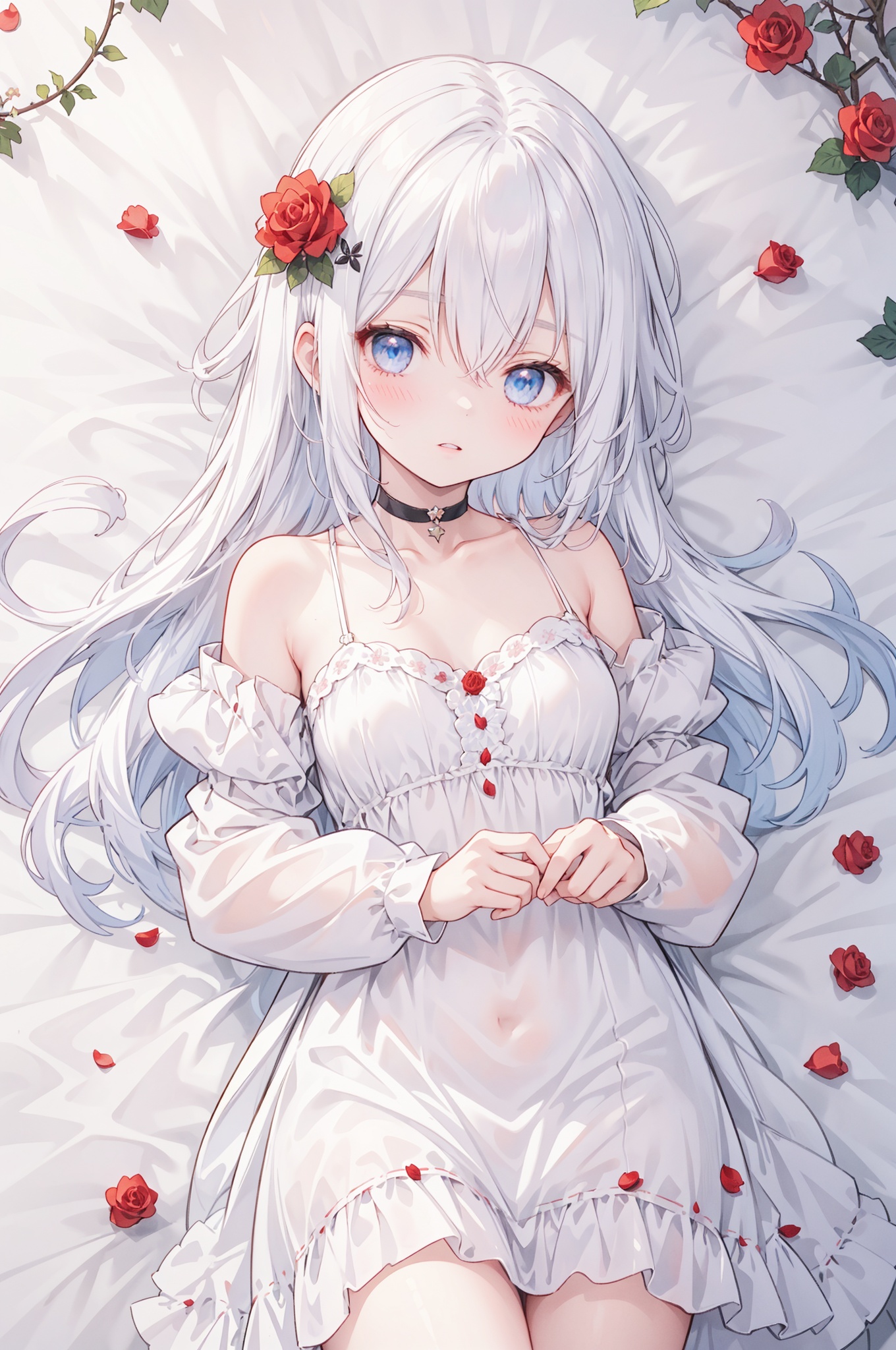 1girl, solo, red flower, flower, blue eyes, long hair, holding flower, holding, rose, dress, petals, hair ornament, red rose, lying, long sleeves, white hair, on back, white dress, looking at viewer, choker, parted lips, bare shoulders, blush, bangs, off shoulder, black choker, hair flower, off-shoulder dress, very long hair, collarbone, puffy long sleeves, puffy sleeves, rose petals, hair between eyes,eyesseye, dofas, crystal