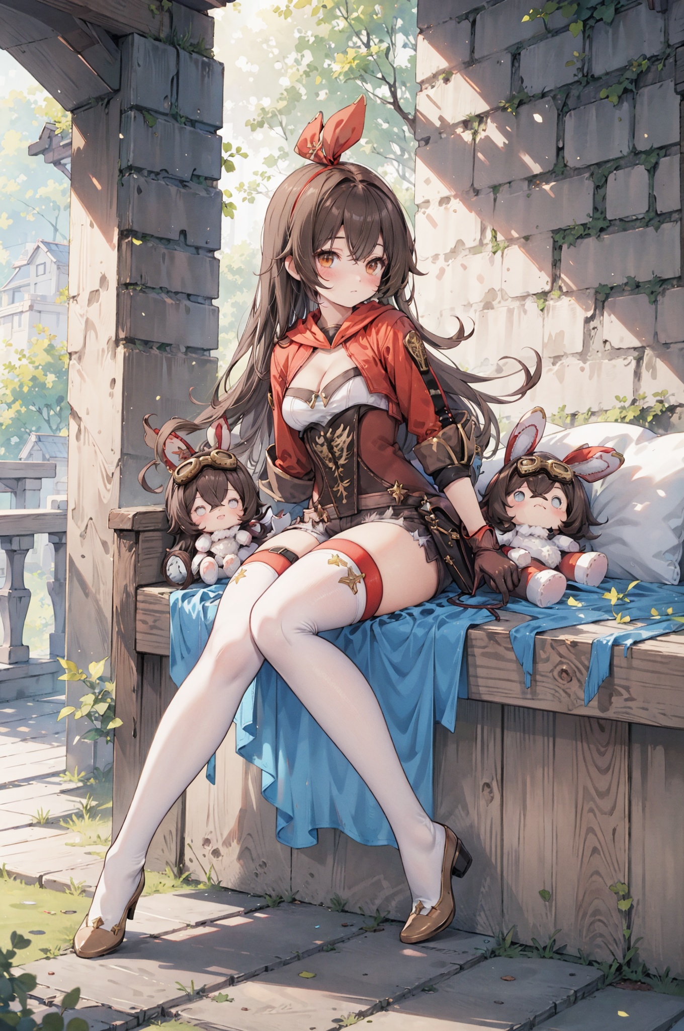 best quality,(masterpiece:1.3),fullbody,ultra-detailed,solo:1.3,1GIRL,amber \(genshin impact\) scenary,forest,sitting,goggles, long hair,gloves,shorts,brown hair,red thighhighs, cleavage, red ribbon, long sleeves, shrug \(clothing\), jacket,pouch,goggles on head,rabbit doll,   <lora:amber:1>