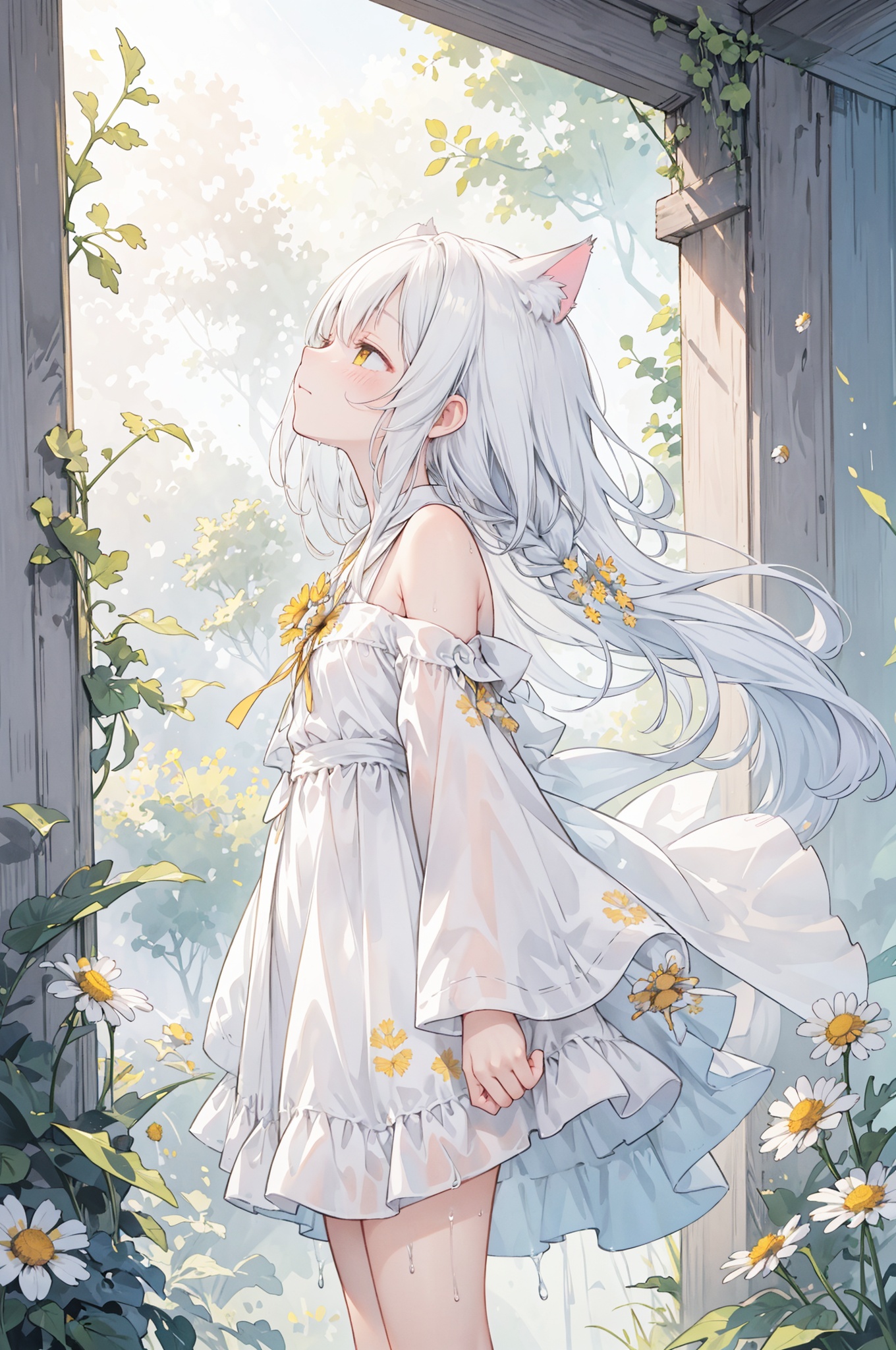 yellow theme,the setting sun,(((Chamomile))),Chamomile,cornflower,vines,forest,ruins,lens flare,hdr,Tyndall effect,damp,wet,1girl,bare shoulders,broken glass,broken wall,white hair,white dress,closed mouth,constel lation,flat color,braid,blinking,white robe,float,closed mouth,constel lation,flat color,looking up,standing,medium hair,standing,solo,((catgirl)),