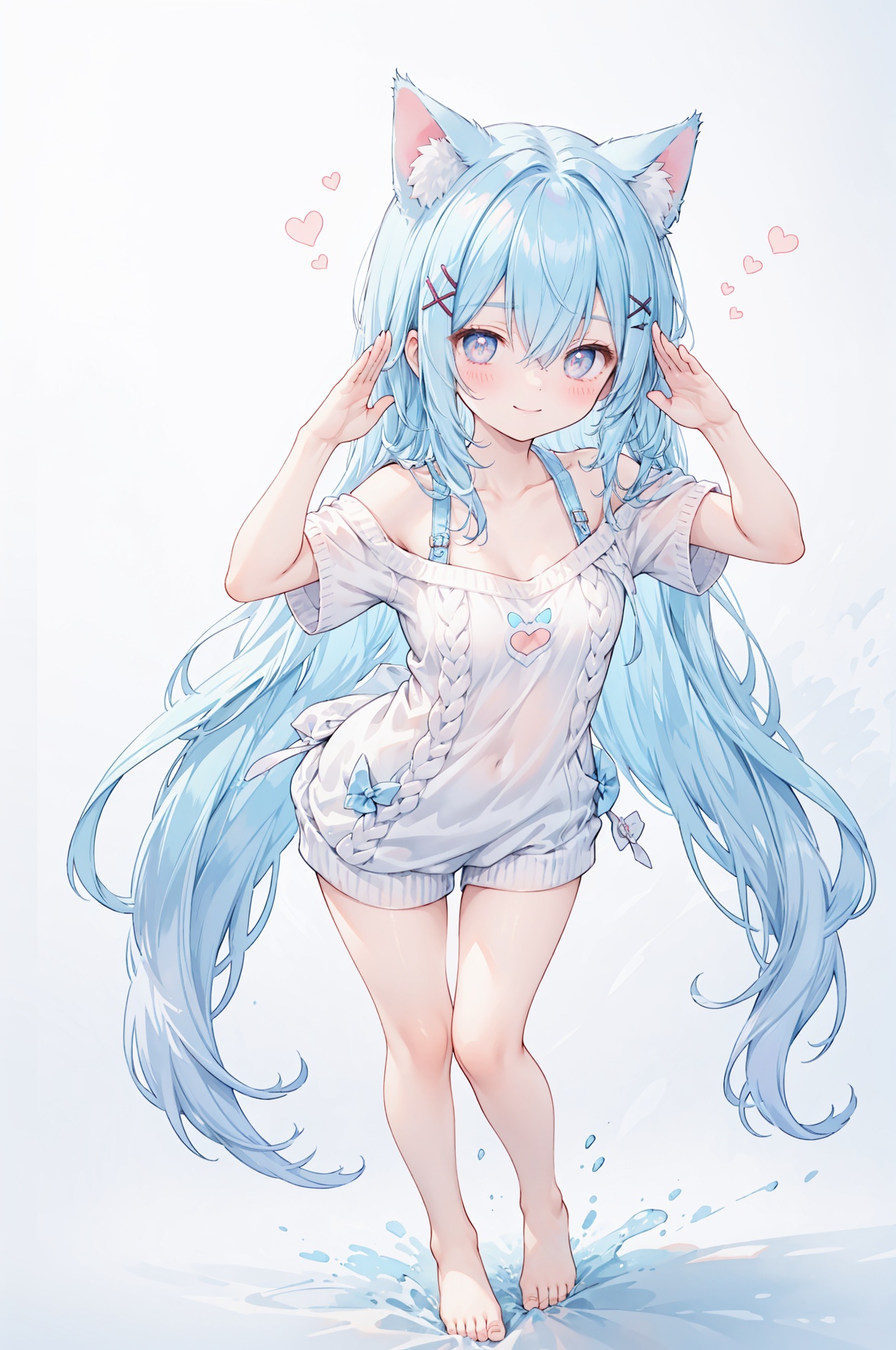 petite, loli, solo, animal ears, heart, puffy short sleeves, blue hair, long hair, off shoulder, bangs, hair ornament, gradient background,rainbow gradient, x hair ornament, animal ear fluff, looking at viewer, very long hair, blush, smile, cat ears, bare shoulders, collarbone, hand up, gradient sweater, hair between eyes, symbol-shaped pupils, arm up, heart-shaped pupils, hairclip, medium breasts, salute, bare legs,full body