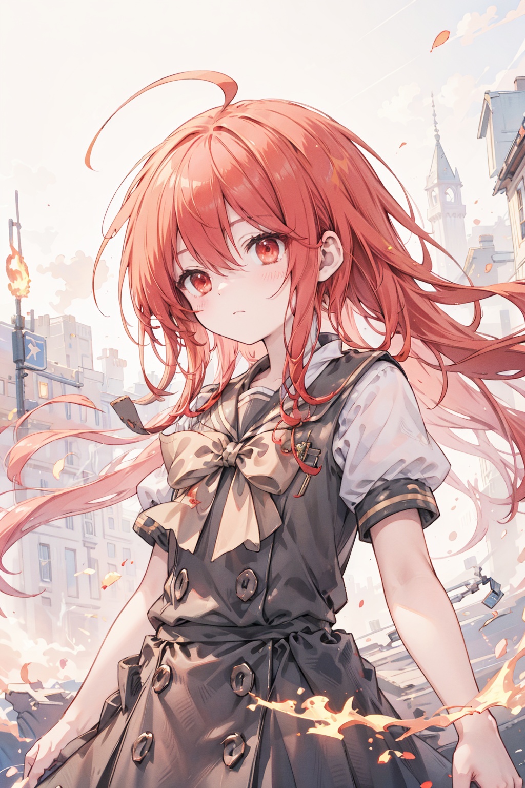best quality,(masterpiece:1.3),cowboy shot,ultra-detailed,solo:1.3,shanahelical_visible_aura full of background,burning aura,floating hair,floating fire,heat wave,fire devil,ahoge,Bright red and fiery red hair,long hair,red eyes,school uniform <lora:shana (Shakugan no Shana) 夏娜（灼眼的夏娜）_v1.0:1>