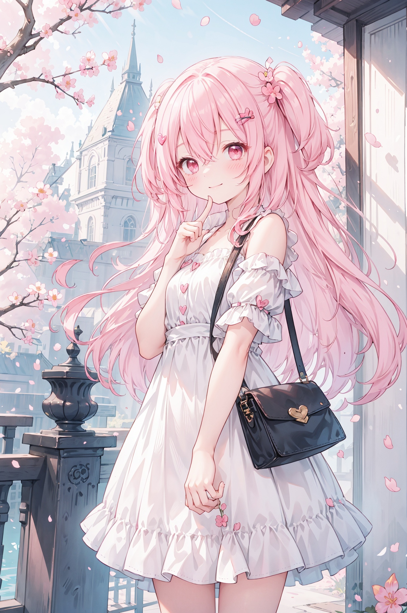 1girl, solo, pink hair, long hair, outdoors, hair ornament, very long hair, bangs, smile, heart hair ornament, dress, looking at viewer, short sleeves, finger to mouth, day, cherry blossoms, white dress, heart, closed mouth, blush, hair between eyes, hand up, red eyes, hairclip, bag, building, tree, petals, standing, flower, index finger raised, pink flower, shoulder bag, sky, two side up, pink eyes
