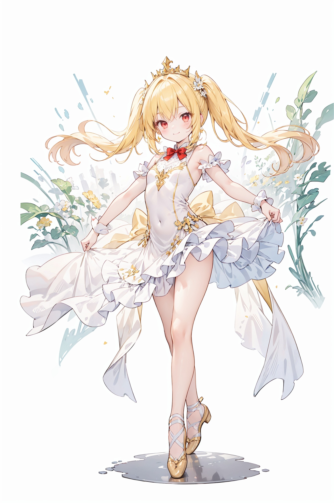 (best quality), ((masterpiece)), (highres),standing,original, extremely detailed wallpaper, (an extremely delicate and beautiful),(petite:1.2),yellow hair,red eyes,twin_tails,hair flower,fipped hair,floating hair,red bowtie, white dance dress,simple drawing,detailed background,elegant,smiling,dancing pose,dancing,ballet,tiara the result is a culturally rich portrayal that celebrates beauty, grace, and the uplifting emotions brought forth by the art of ballet,leg up:0.5, yellow tone color,full body,