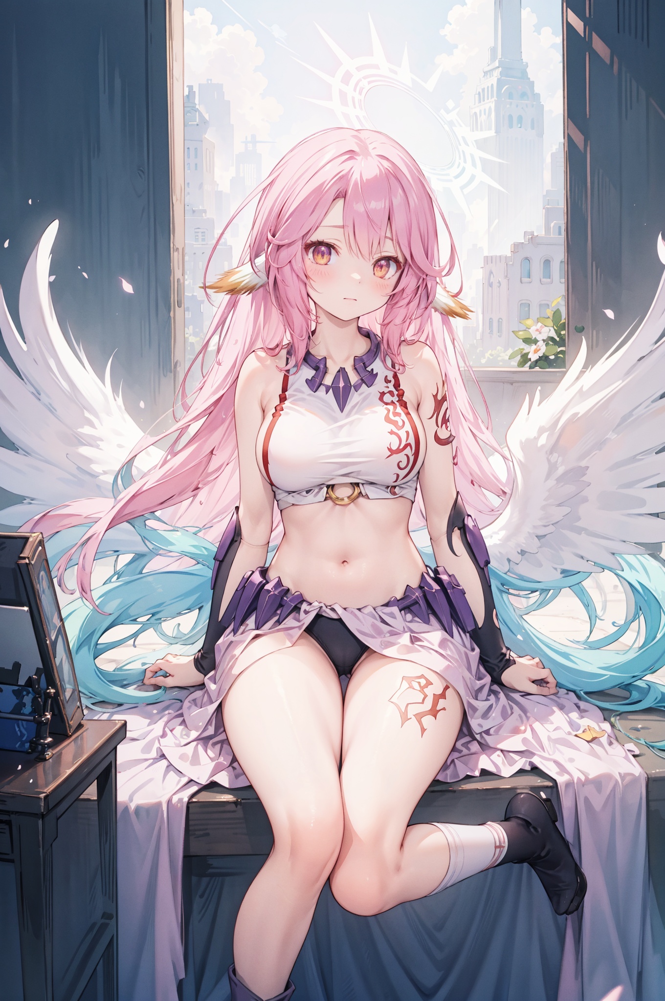 best quality,(masterpiece:1.3),fullbody,ultra-detailed,solo:1.3,cinematic lighting,<lora:ngnl_jibril:1>,ngnl_jibril,long hair,pink hair,halo,looking away