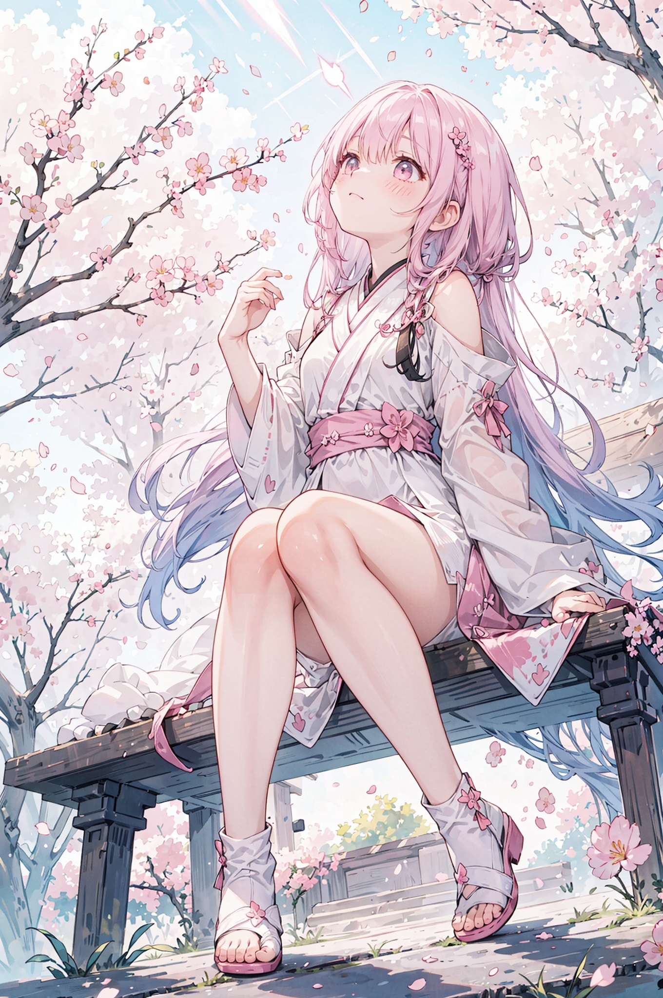1girl,[sitting under the sakura tree,knee up], (from below,wide shot,mid shot,full body,panorama,depth of field),(looking up),(pink petals,tyndall effect), backlight