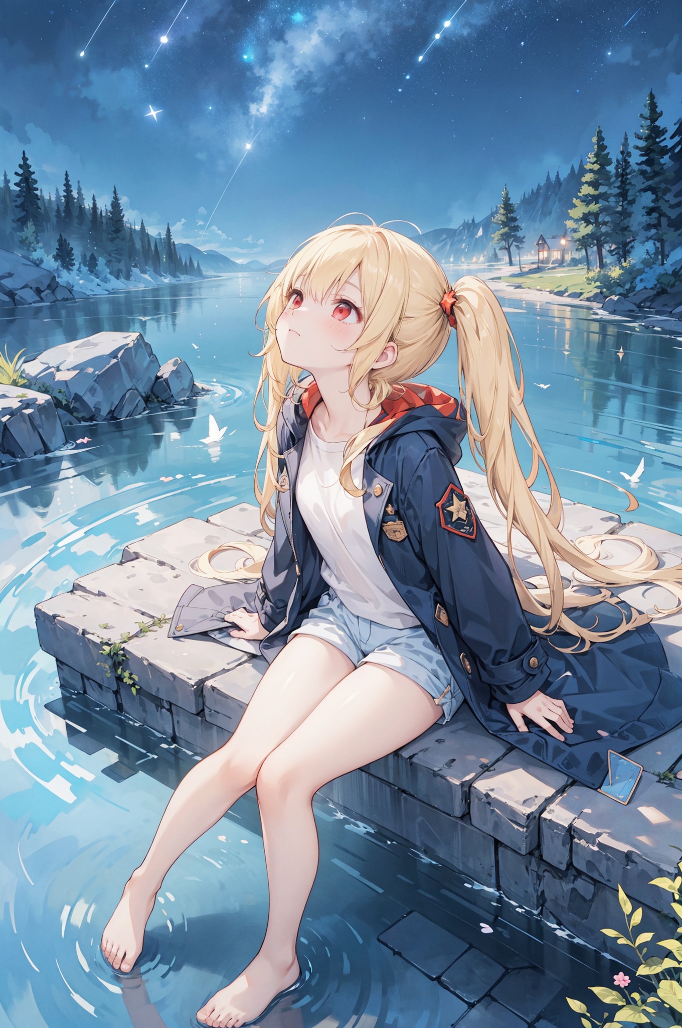 1girl,blonde hair,red eyes,(very long twin tails,looking up),sharp hair,sitting,rocks,river,((reflection,night,star_(sky))), stretch hand, (full body,mid shot,depth of field),(birds),(from above:1.2),dark_blue down coat,bare leg,shorts,(blurry background),backlight, 