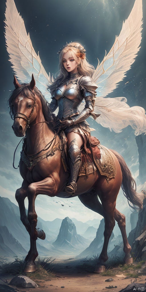  1girl,horsebackriding,Metal wings,Fairy, crystal,jewels,Knight, horse