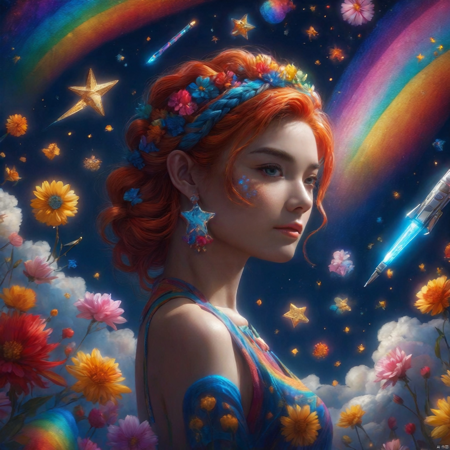  masterpiece,best quality,aesthetic,detailed face,subsurface scattering,ground view up, wrenchsfantasy,fantasy,1girl,photo of a cute girl,light smile,charming,20yo,french braid hair.side undercut,Fiery red hair,glowing,cloud,colorful || starry,stars, space_style,style-swirlmagic,style-sylvamagic,rainbow-candy, ,,, enchanted, illumination, magic, delicate, sharp focus, extremely detailed, cinematic, new, elite, shiny, amazing, elegant, modern, luxurious, intricate, epic, surreal, determined, attractive, beautiful, dramatic ambient background, pristine, dynamic, vibrant colors, advanced, illuminated, incredible, outstanding, fine detail,poakl flower style,, poakl flower style