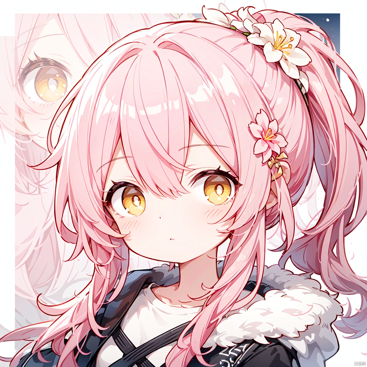 close-up,face focus,1petite loli,pink hair,long pink hair,(yellow eyes),portrait,fur-trimmed jacket,hair flower,fipped hair,high ponytail,loose over_sized Casual T-shirt,white shirt,hoodie coat,one-eye_closed,chibi,surrealistic,