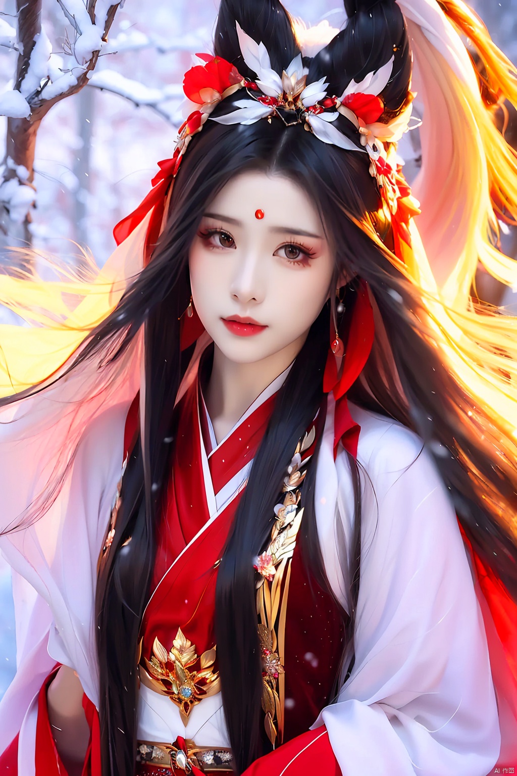 A girl, in the midst of heavy snowfall, wearing a red Hanfu, adorned with jewelry and accessories, possessing ultra-long hair that flows freely, donning a waistcoat, looking directly at the camera, her long hair billowing in the wind.