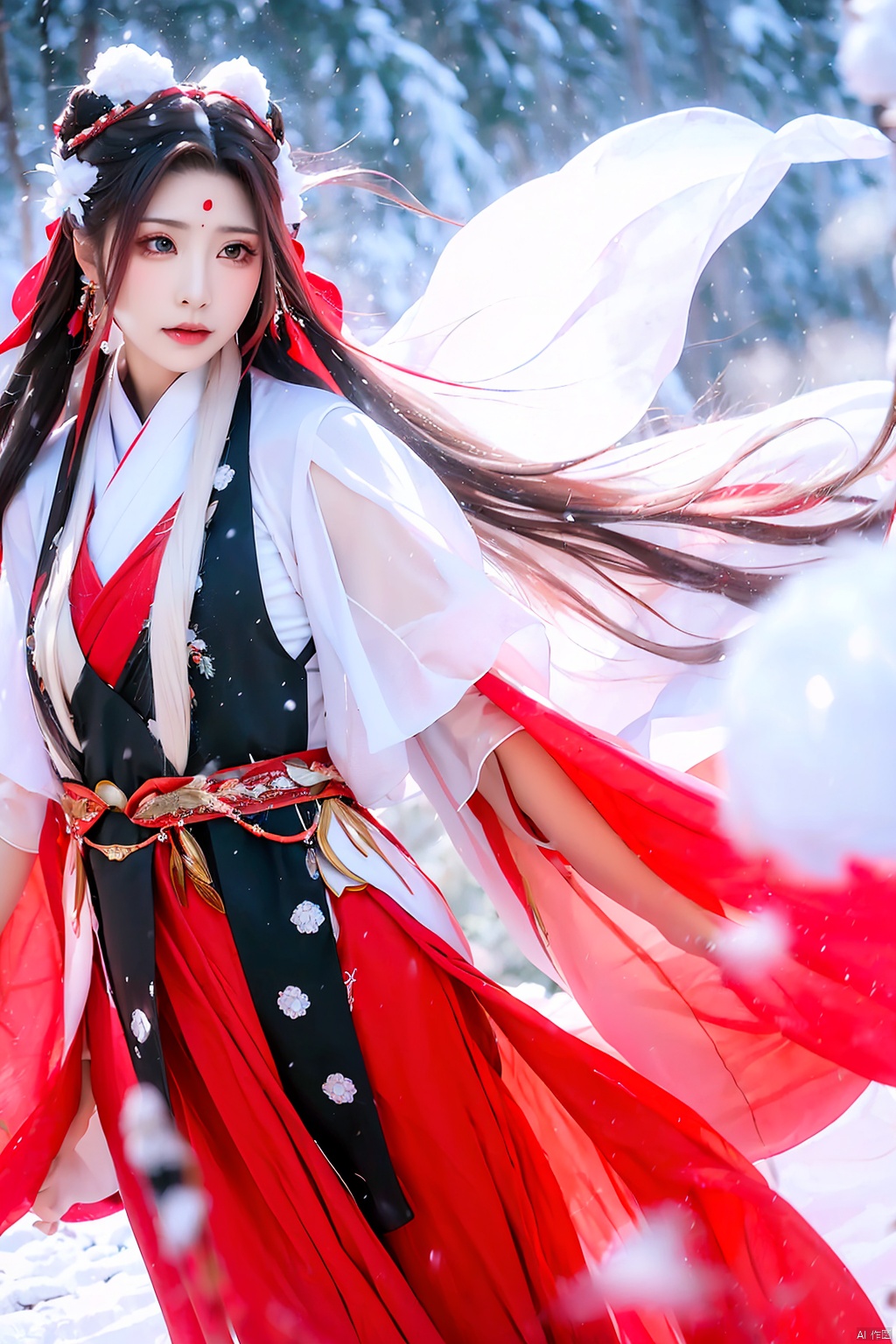 A girl, in the midst of heavy snowfall, wearing a red Hanfu, adorned with jewelry and accessories, possessing ultra-long hair that flows freely, donning a waistcoat, looking directly at the camera, her long hair billowing in the wind.
