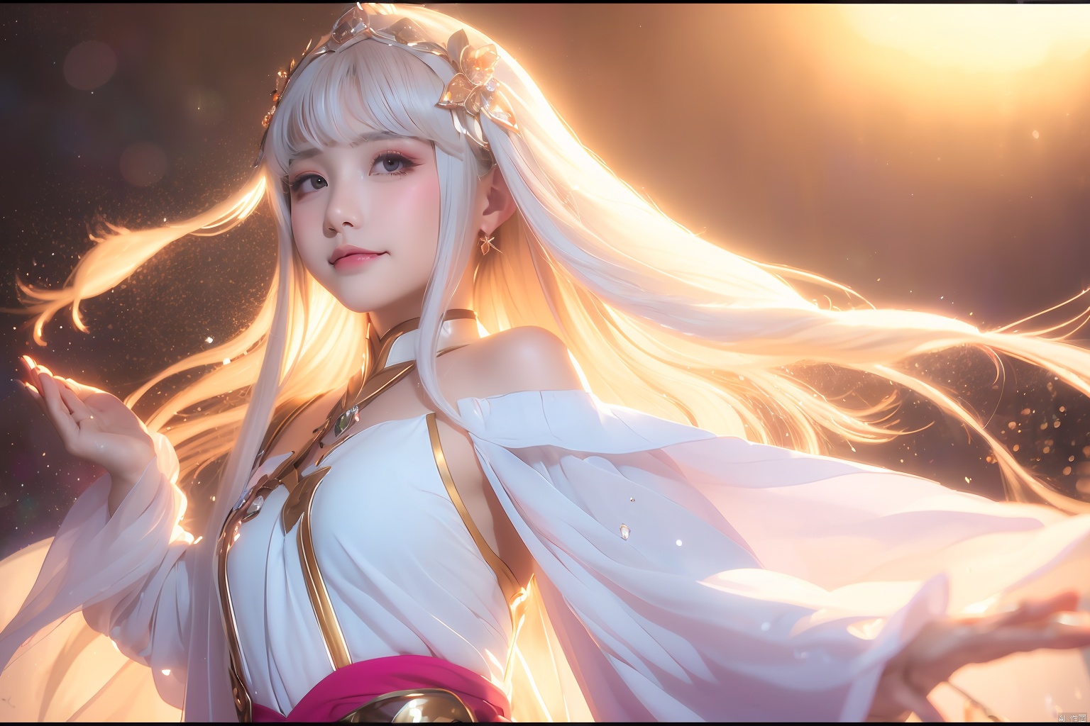  (UFOtable),fate,((Illyasviel)),lineart,masterpiece,highres,best quality,beautiful details,finely detail,illustration,bestlighting,shine,(ahoge),beautiful cute anime face,(delicate magic_circle background),cute loli,(((breaken splashing crystals floating))),magiciangirl,split sleeves,small_breasts,ice,light particles,(crystalline flyingsplashes),(motion blur),((Circle of Stars)),delicate circle,firmly smile,japanese_clothes,gem_earrings,delicate white hair,beautiful floating long hair,complex pattern clothes,luxuriant white hairband,bare shoulders,light,ray tracing,extremely detailed eyes,solo focus,soft focus,magic glow,light shafts,
