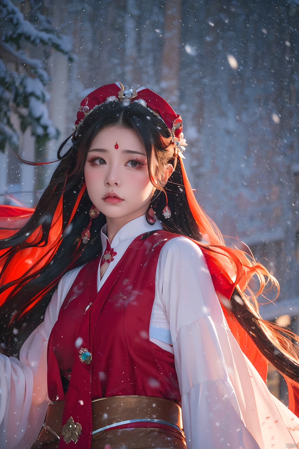 A girl, in the midst of heavy snowfall, wearing a red Hanfu, adorned with jewelry and accessories, possessing ultra-long hair that flows freely, donning a waistcoat, looking directly at the camera, her long hair billowing in the wind.