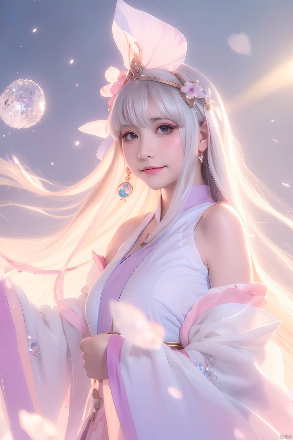  (UFOtable),fate,((Illyasviel)),lineart,masterpiece,highres,best quality,beautiful details,finely detail,illustration,bestlighting,shine,(ahoge),beautiful cute anime face,(delicate magic_circle background),cute loli,(((breaken splashing crystals floating))),magiciangirl,split sleeves,small_breasts,ice,light particles,(crystalline flyingsplashes),(motion blur),((Circle of Stars)),delicate circle,firmly smile,japanese_clothes,gem_earrings,delicate white hair,beautiful floating long hair,complex pattern clothes,luxuriant white hairband,bare shoulders,light,ray tracing,extremely detailed eyes,solo focus,soft focus,magic glow,light shafts,