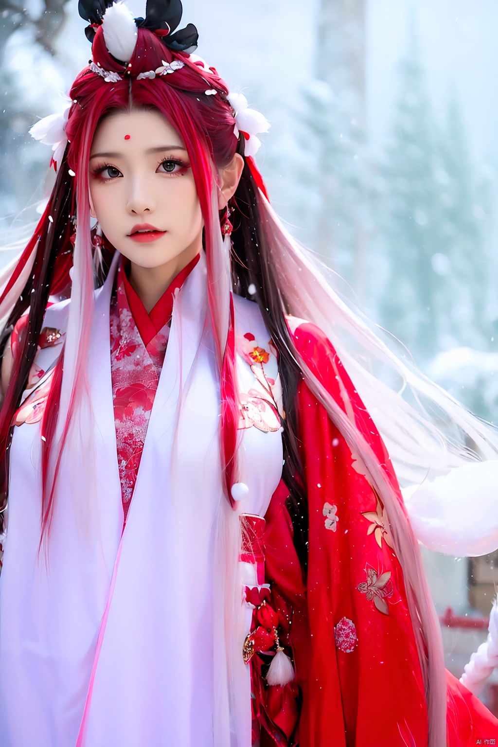 A girl, in the midst of heavy snowfall, wearing a red Hanfu, adorned with jewelry and accessories, possessing ultra-long hair that flows freely, donning a waistcoat, looking directly at the camera, her long hair billowing in the wind.
