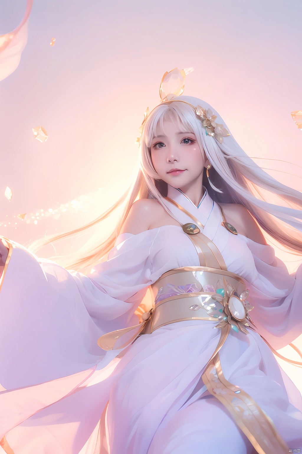  (UFOtable),fate,((Illyasviel)),lineart,masterpiece,highres,best quality,beautiful details,finely detail,illustration,bestlighting,shine,(ahoge),beautiful cute anime face,(delicate magic_circle background),cute loli,(((breaken splashing crystals floating))),magiciangirl,split sleeves,small_breasts,ice,light particles,(crystalline flyingsplashes),(motion blur),((Circle of Stars)),delicate circle,firmly smile,japanese_clothes,gem_earrings,delicate white hair,beautiful floating long hair,complex pattern clothes,luxuriant white hairband,bare shoulders,light,ray tracing,extremely detailed eyes,solo focus,soft focus,magic glow,light shafts,