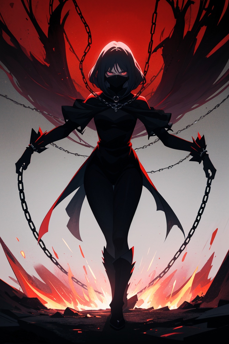 A striking anime character,  shrouded in shadows and poised for battle,  stands against a deep crimson background adorned...