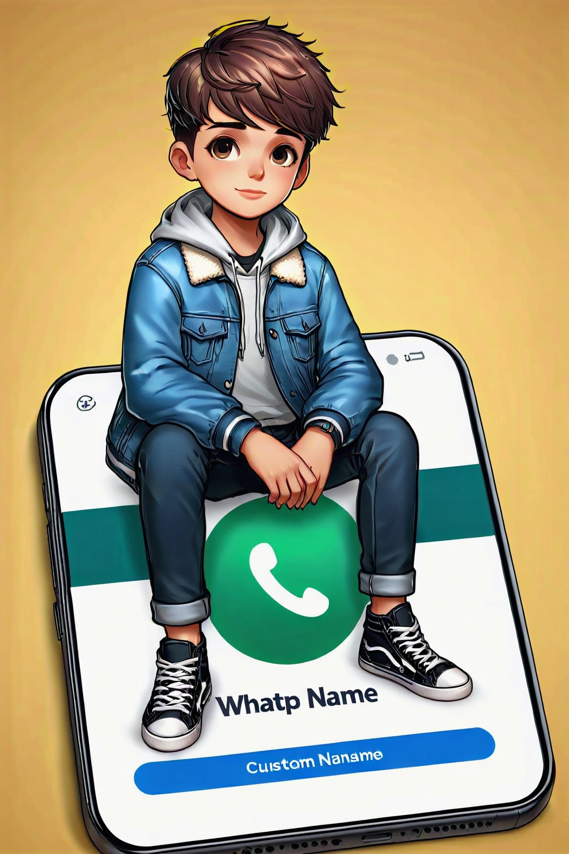 Boy sitting casually on top of a social media logo "WhatsApp" The character must wear casual modern clothing such as jeans...