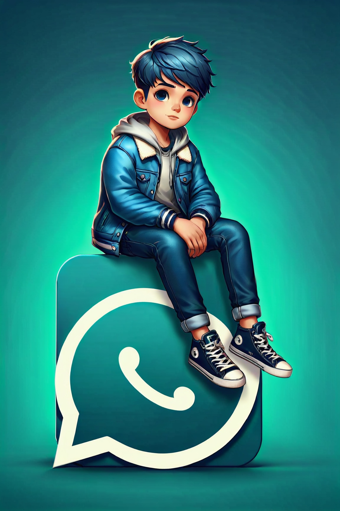 Boy sitting casually on top of a social media logo "WhatsApp" The character must wear casual modern clothing such as jeans...