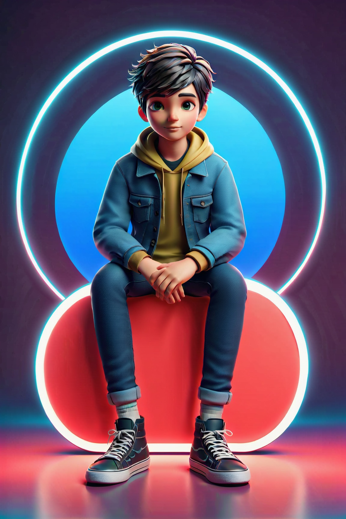 of a floating WhatsApp logo,  surrounded by a colorful virtual reality background. The boy has a mischievous smile on his...