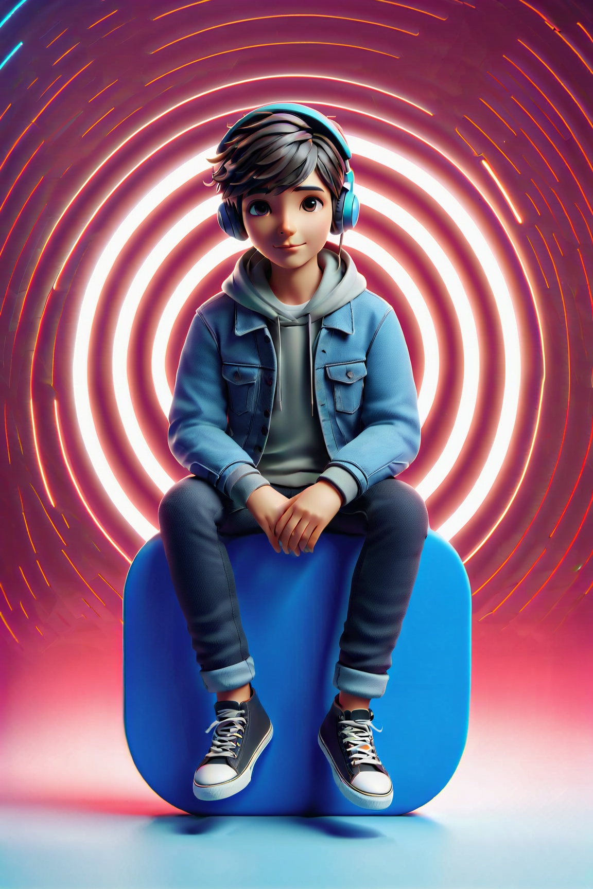 of a floating WhatsApp logo,  surrounded by a colorful virtual reality background. The boy has a mischievous smile on his...