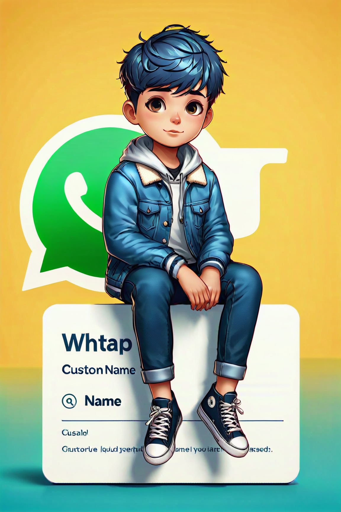 Boy sitting casually on top of a social media logo "WhatsApp" The character must wear casual modern clothing such as jeans...