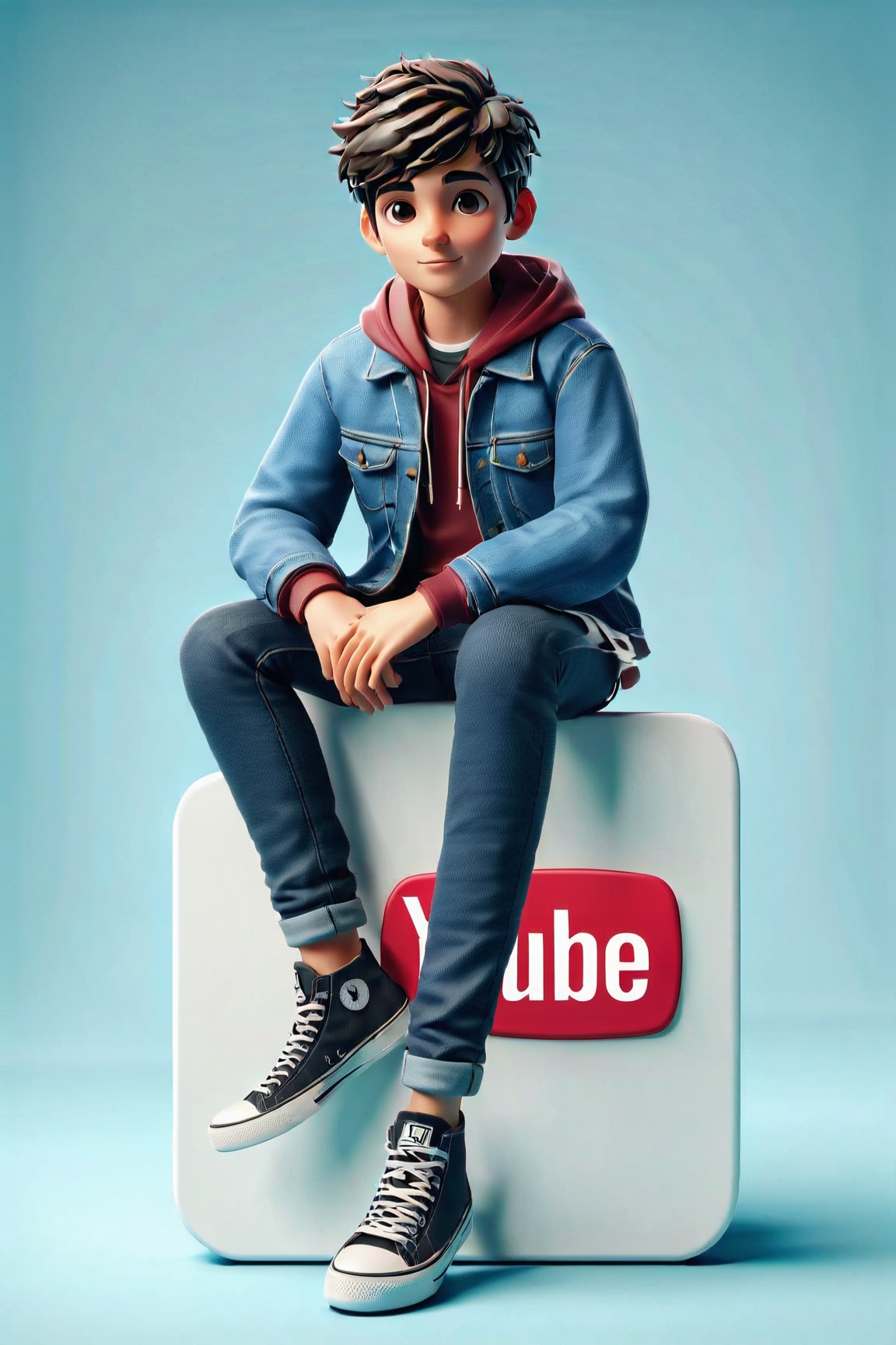 Boy BRAKEING casually on top of a social media logo "YOUTUBE" The character must wear casual modern clothing such as jeans...