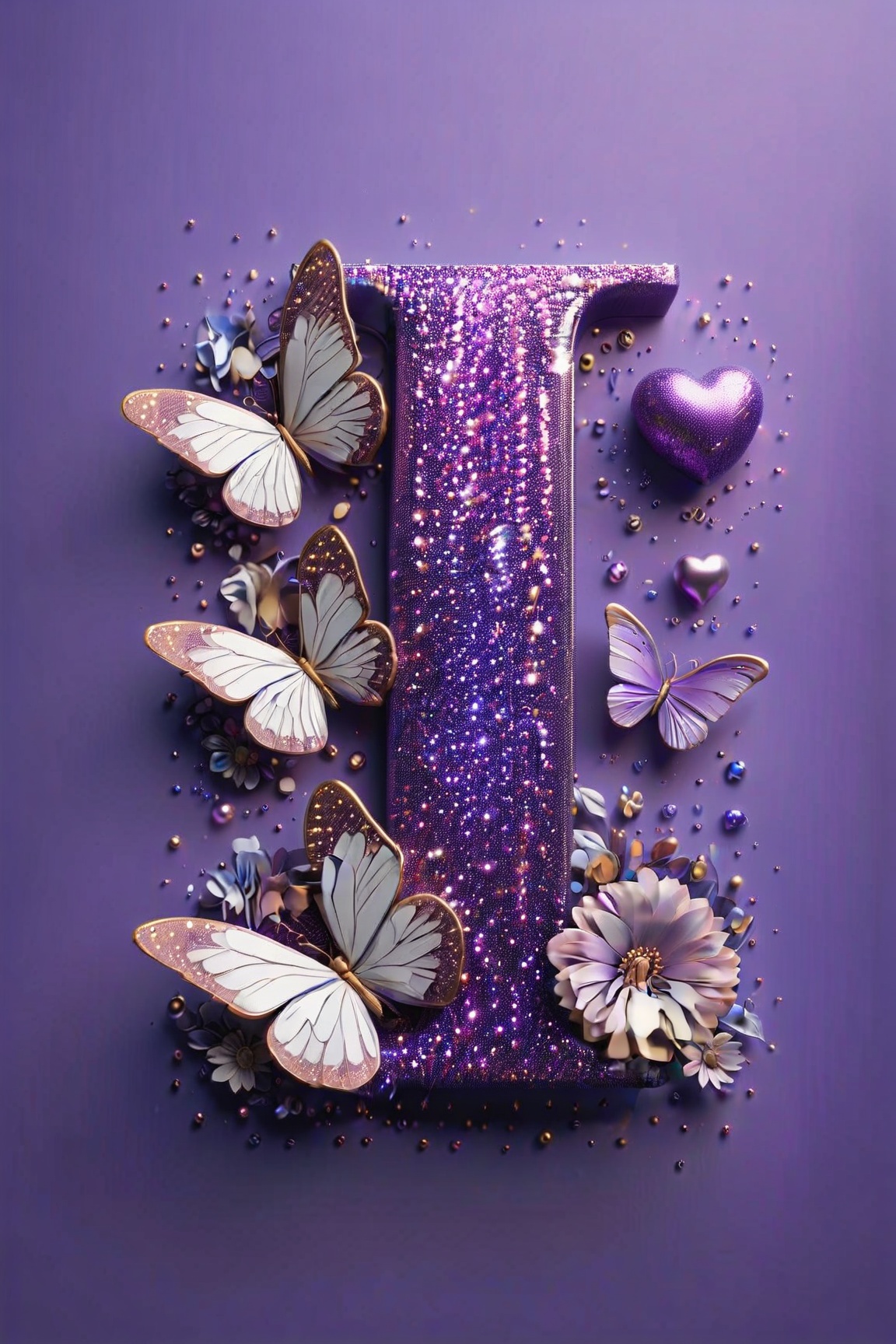 Name "CREATIVE" 3D metallic purple glitter with metallic purple heart, metallic purple butterfly, metallic purple peal. Everything in front 3D rendering, typography, 3d render, poster, fashion